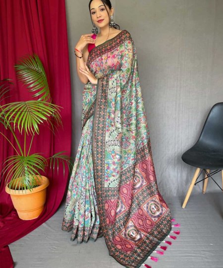 green Malai cotton saree with Kalamkari print dvz0003634-2