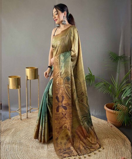 green Satin Cotton Kalamkari Saree dvz0003954-2