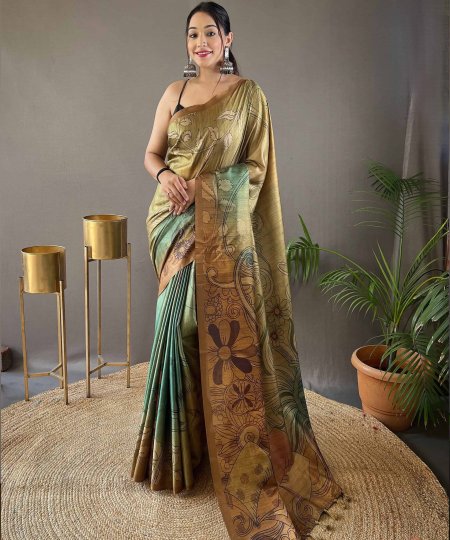 green Satin Cotton Kalamkari Saree dvz0003954