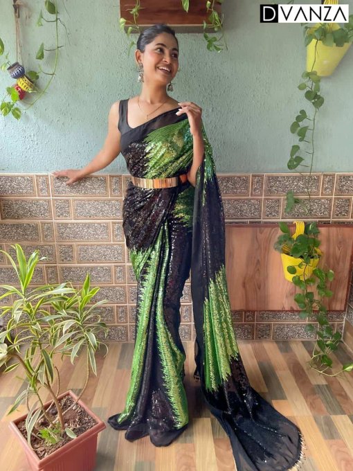 green and black Sequin Work Sarees to Elevate Your Style dvz0003547