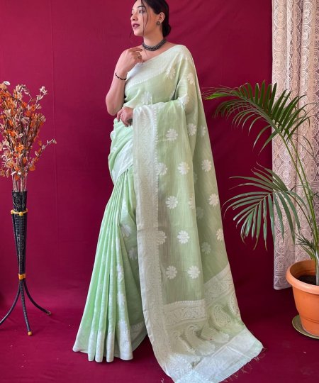 Green Linen Lucknowi based Weaving on border and pallu - dvz0003307