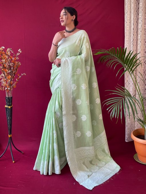 Green Linen Lucknowi based Weaving on border and pallu - dvz0003307