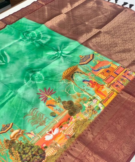 Green Soft Banarasi Silk Kalamkari Block Print unique saree - dvz0003610