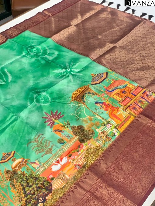 Green Soft Banarasi Silk Kalamkari Block Print unique saree - dvz0003610