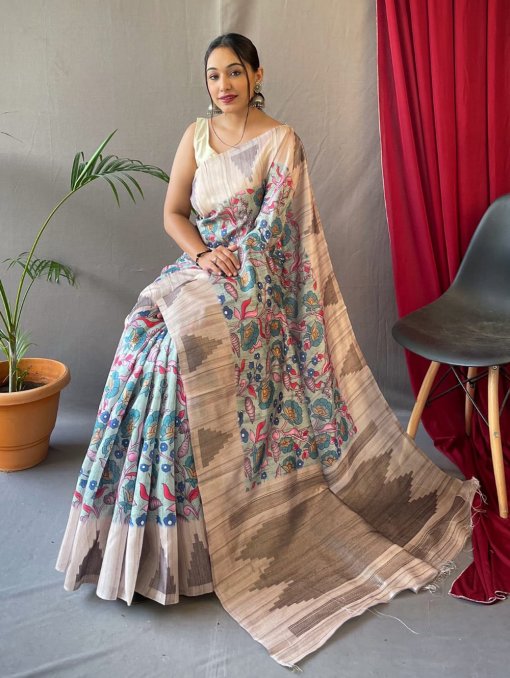 Green Tusser Sarees with Kalamkari Prints all over - dvz0003293