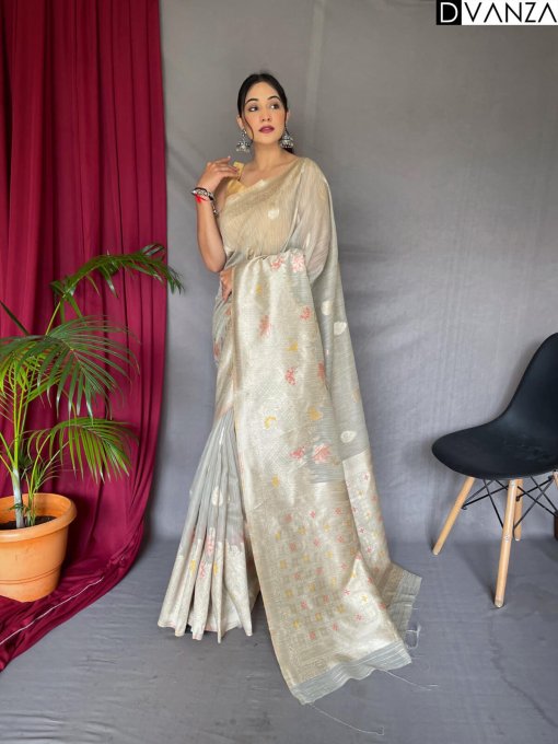 grey Linen Silk Saree dvz0003898