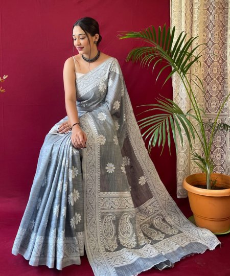 Grey Linen Lucknowi based Weaving on border and pallu - dvz0003308