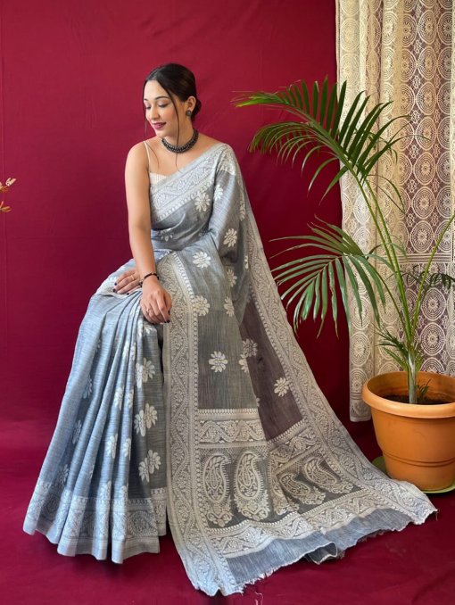 Grey Linen Lucknowi based Weaving on border and pallu - dvz0003308