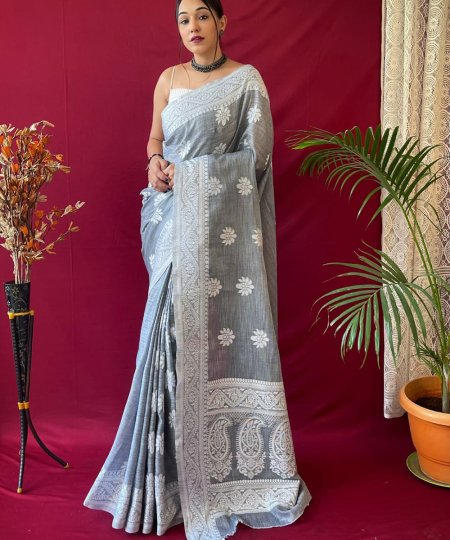 Grey Linen Lucknowi based Weaving on border and pallu - dvz0003308