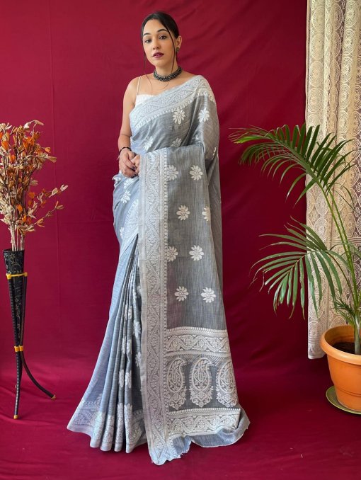 Grey Linen Lucknowi based Weaving on border and pallu - dvz0003308