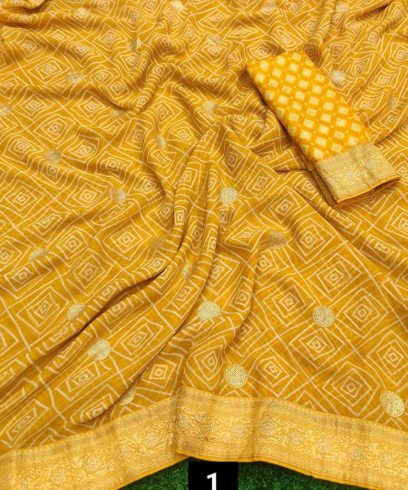 Haldi Special Saree Weightless Fabric With Bandhej and foil Print And Weaving Border - dvz0003647