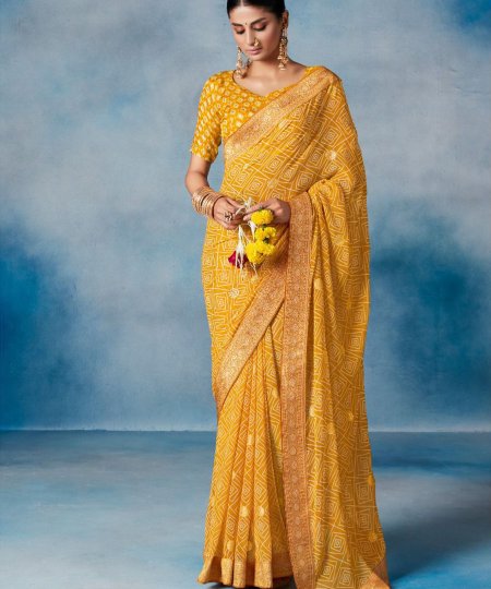 Haldi Special Saree Weightless Fabric With Bandhej and foil Print And Weaving Border - dvz0003647