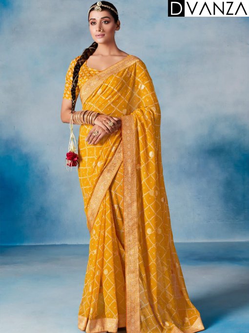 Haldi Special Saree Weightless Fabric With Bandhej and foil Print And Weaving Border - dvz0003648