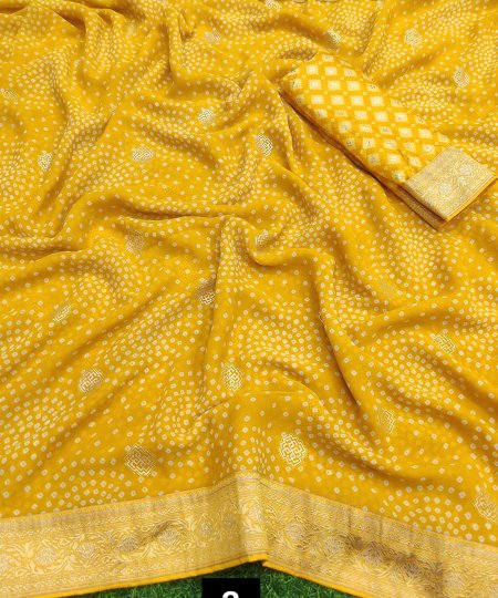 Haldi Special Weightless Saree Fabric With Bandhej and foil Print And Weaving Border - dvz0003649