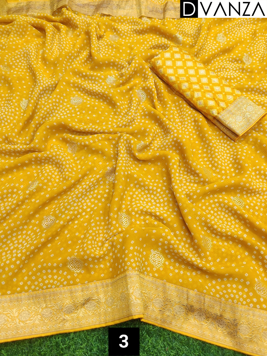 Haldi Special Weightless Saree Fabric With Bandhej and foil Print And Weaving Border - dvz0003649