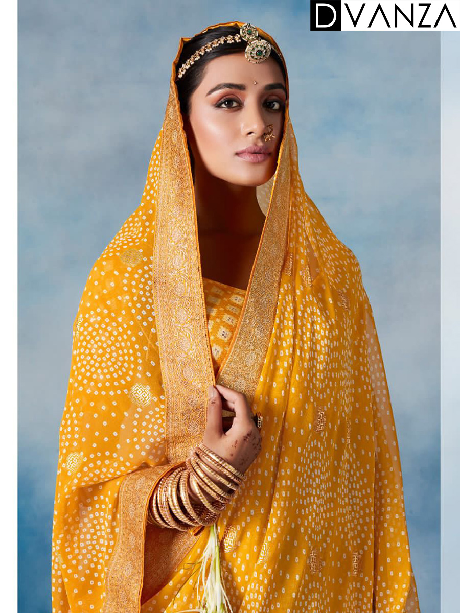 Haldi Special Weightless Saree Fabric With Bandhej and foil Print And Weaving Border - dvz0003649