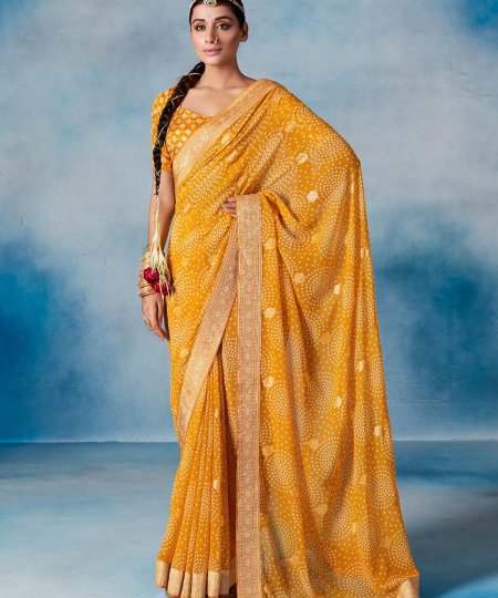 Haldi Special Weightless Saree Fabric With Bandhej and foil Print And Weaving Border - dvz0003649