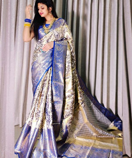 Handloom Woven Pure Kanjivaram Silk Saree with Mina Weaving, Contrast Border, and Luxurious Gold Zari Pallu