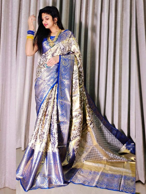 Handloom Woven Pure Kanjivaram Silk Saree with Mina Weaving, Contrast Border, and Luxurious Gold Zari Pallu