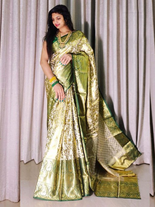 Handloom Woven Pure Kanjivaram Silk Saree with Mina Weaving, Contrast Border, and Luxurious Gold Zari Pallu