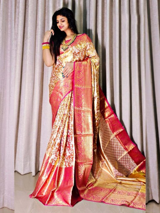 Handloom Woven Pure Kanjivaram Silk Saree with Mina Weaving, Contrast Border, and Luxurious Gold Zari Pallu