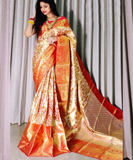 Handloom Woven Pure Kanjivaram Silk Saree with Mina Weaving, Contrast Border, and Luxurious Gold Zari Pallu