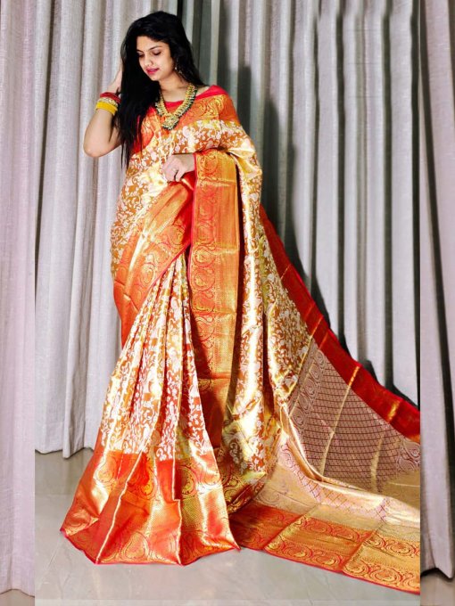 Handloom Woven Pure Kanjivaram Silk Saree with Mina Weaving, Contrast Border, and Luxurious Gold Zari Pallu