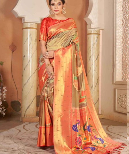 Heavy Kalamkari Print Soft Silk Saree with Muniya Border Paithani Pallu