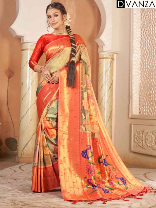 Heavy Kalamkari Print Soft Silk Saree with Muniya Border and Paithani Pallu - dvz0003719