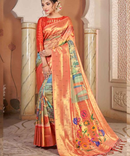 Heavy Kalamkari Print Soft Silk Saree with Muniya Border Paithani Pallu