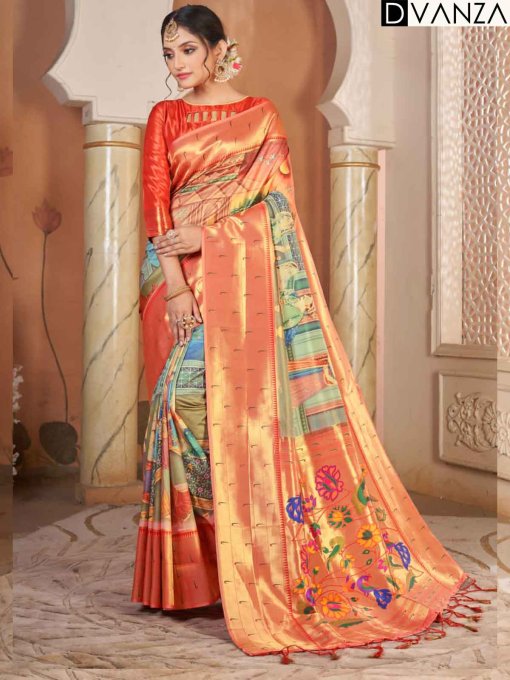 Heavy Kalamkari Print Soft Silk Saree with Muniya Border Paithani Pallu