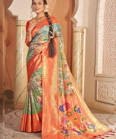 Heavy Kalamkari Print Soft Silk Saree with Muniya Border Paithani Pallu