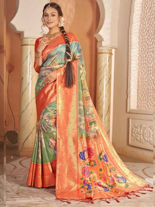 Heavy Kalamkari Print Soft Silk Saree with Muniya Border Paithani Pallu