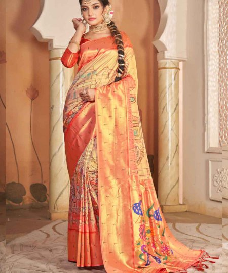 Heavy Kalamkari Print Soft Silk Saree with Muniya Border Paithani Pallu