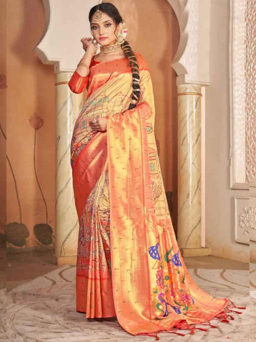 Heavy Kalamkari Print Soft Silk Saree with Muniya Border Paithani Pallu