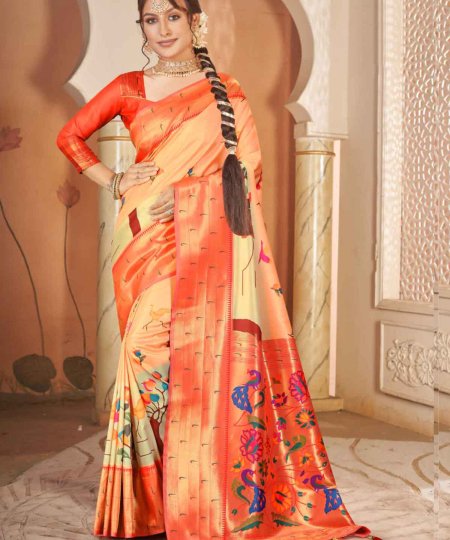 Heavy Kalamkari Print Soft Silk Saree with Muniya Border Paithani Pallu