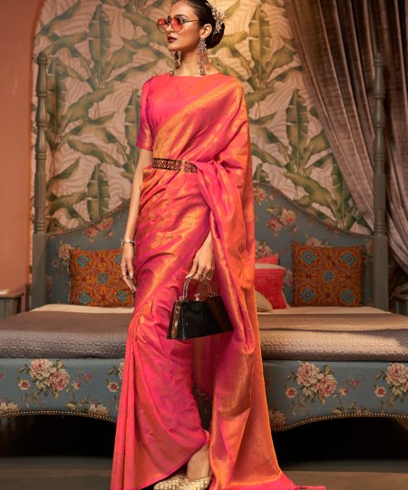 Latest Pure Silk Saree in Peach Color Online - dvz0003388