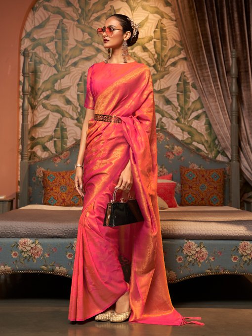 Latest Pure Silk Saree in Peach Color Online - dvz0003388