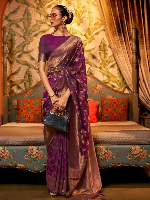 Latest Pure Silk Saree in Purple Color Online on dvanza 2022 dvz0003389