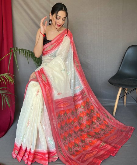 Linen chap border saree with Ikkat concept weaved motifs - dvz0003652