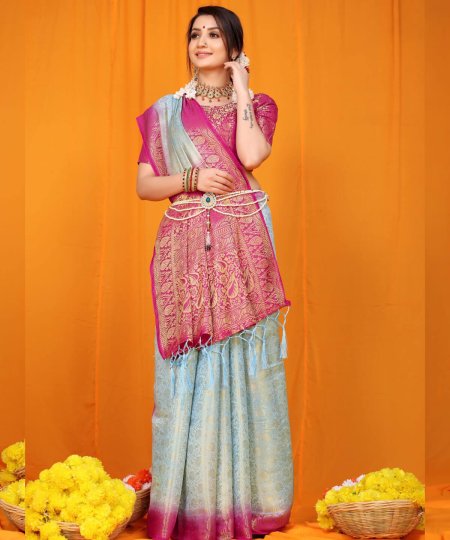 Sky blue color Softy silk wedding function saree with golden border