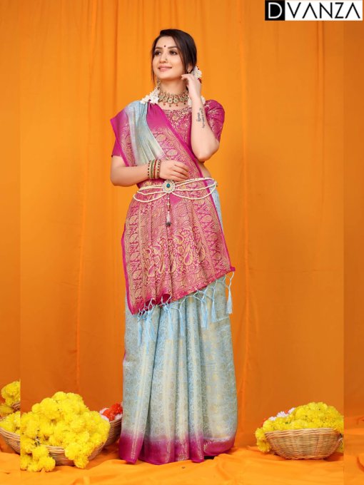 Sky blue color Softy silk wedding function saree with golden border