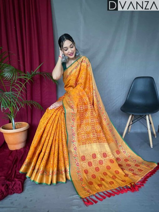 Mustard Patola Silk Paithani Saree Unstitched Blouse Piece