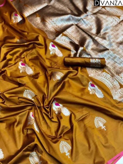 Mustard Mor Lichi Silk Weaving Jacquard Saree