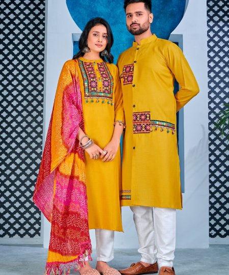 Navratri Special Yellow Color Readymade Combo For Men - Women - 87