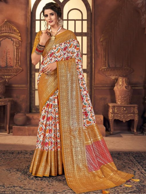 Off White Colored Dola Silk Foil Printed Saree - dvz0003251