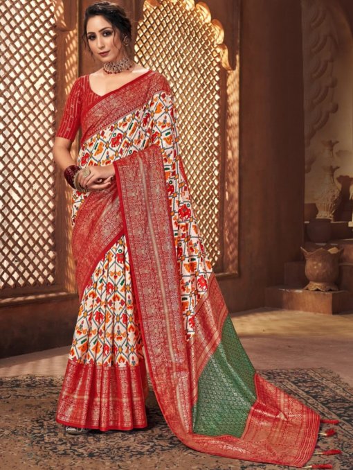 Off White Colored Dola Silk Foil Printed Saree - dvz0003253