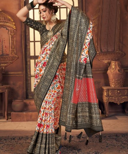 Off White Colored Dola Silk Foil Printed Saree - dvz0003255