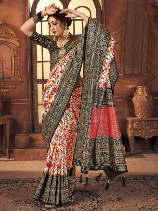 Off White Colored Dola Silk Foil Printed Saree - dvz0003255