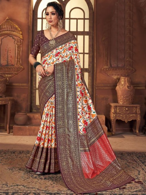 Off White Colored Dola Silk Foil Printed Saree - dvz0003256